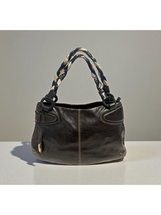 Francesco Biasia Handbags - Francesco Biasia Braided Handle Hobo Black Glazed Leather Shoulder Bag Boho
